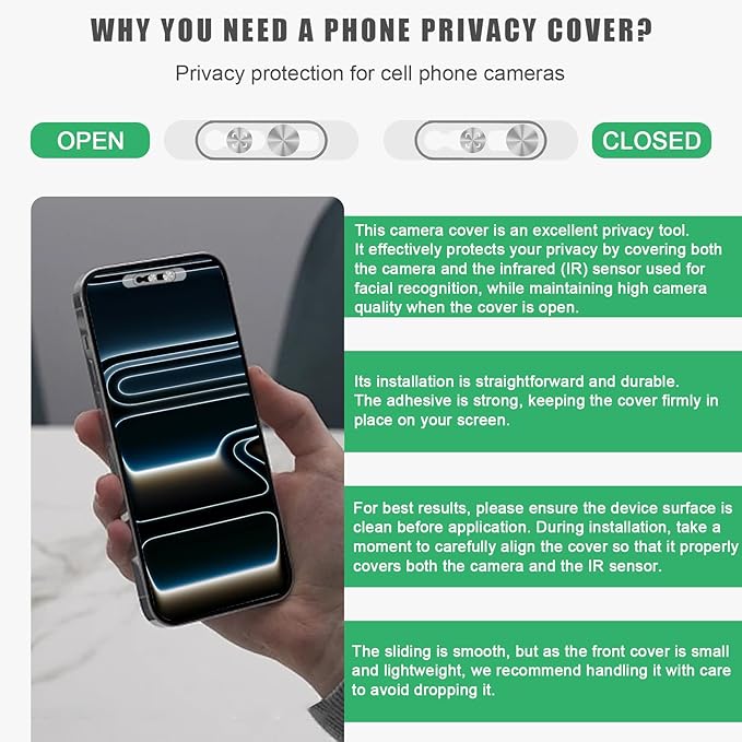 Front Camera Cover Compatible for iPhone 17/17 Air/17Pro/17Pro Max/16/16Plus/16Pro/16Pro Max/15/15Plus/15Pro/15Pro Max/14Pro/Pro Max,On/Off Face Recogition,Protect Privacy and Security-Silver&Silver