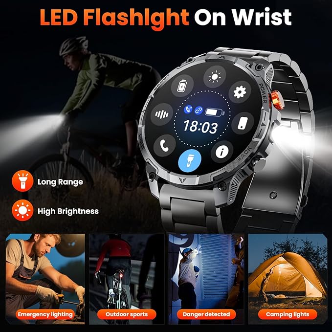 Military Smart Watches for Men,1.75″ Smartwatch with 100-Day Ultra-Long Battery/Flashlight,Fitness Watch for Heart Rate/Sleep/Calling/110+ Sports Mode Smart Watch for Android iOS 1000 mAh