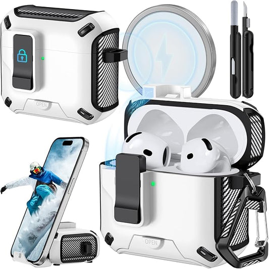 for AirPods 4 Case (2024) with Phone Stand,（with Automatic Snap Switch） Carbon Fiber Design Protection Cover with Cleaning Pen,White