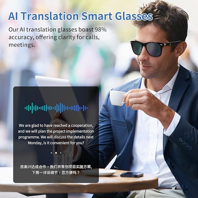 AI Translator Smart Glasses for Women Men, Bluetooth Audio Sunglasses with UV400 Polarized Lenses, Photo Translation, No Subscription，Real-Time Translation(160+Languages) for Travel Business (Black)