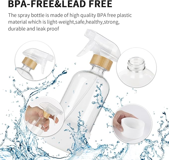 HOMBYS Empty Bamboo Glass Spray Bottles with Silicone Sleeve Protection - Refillable 17 oz Clear Glass Containers for Cleaning Solutions, Essential Oils, Misting Plants - Quality Sprayer - 1 PCS