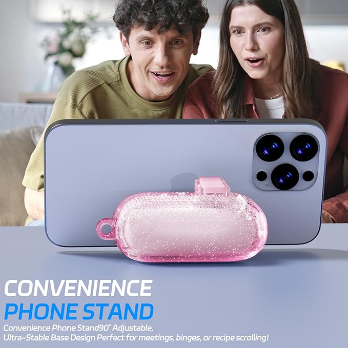 for AirPods Pro 2 Case with Phone Stand & Secure Lock, Auto-Open Clear Cover Compatible with Apple AirPods Pro 2nd/1st Gen (2023,2022,2019) with Cleaning Kit & Keychain (Shine-Clear Pink)