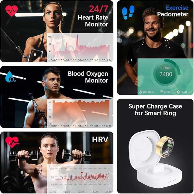 Health Tracker Ring, Smart Health Ring for Women Men with Heart Rate, Blood Oxygen, Sleep Monitor, Steps,Calories, No Subscription Fee, IP68 Waterproof Smart Ring for iphone & Android (Gold, 7#)