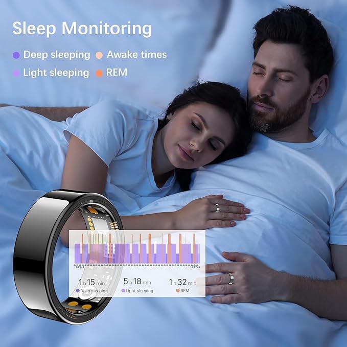 Ring Health Tracker for Women Men, Fit Ring with Heart Rate, Blood Oxygen, Sleep Monitor, Calories, Step Counter, IP68 Waterproof Smart Ring for iPhone & Android, No Subscription Fee (Black, 6#)
