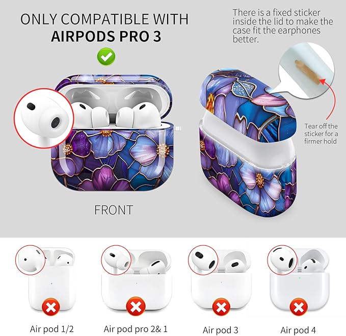 Cute Hard Case Compatible with AirPods Pro 3rd Generation Case (2025), Shockproof Protective Cover with Golden Keychain Ring Clip (Purple Flower)