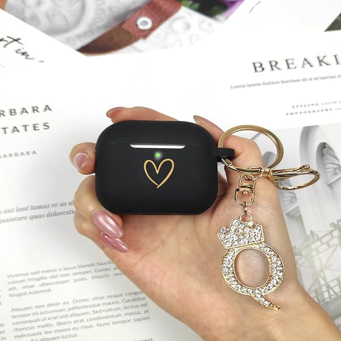 Compatible with AirPods Pro 3 Case Cover (2025), Soft Silicone Case with Gold Heart Pattern for AirPods Pro 3rd Generation Case with Rhinestone Studded Letter A-Z Keychain (Q Black)