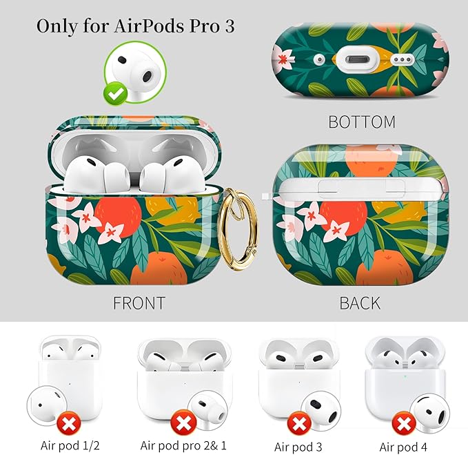 Case for AirPod Pro 3 Shock-Proof Protective Hard Case with Golden Keychain Compatible with Apple Airpods Pro 3rd Generation 2025 (Cute Floral Orange)