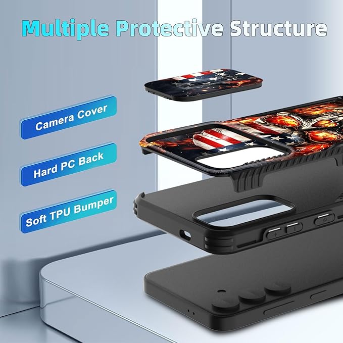 for Galaxy S25 FE Case Built in Slide Camera Lens Cover,Heavy Duty Shockproof Protection Dual Layer Case for Samsung Galaxy S25 FE 6.7" 2025,American Flag Flame Skull