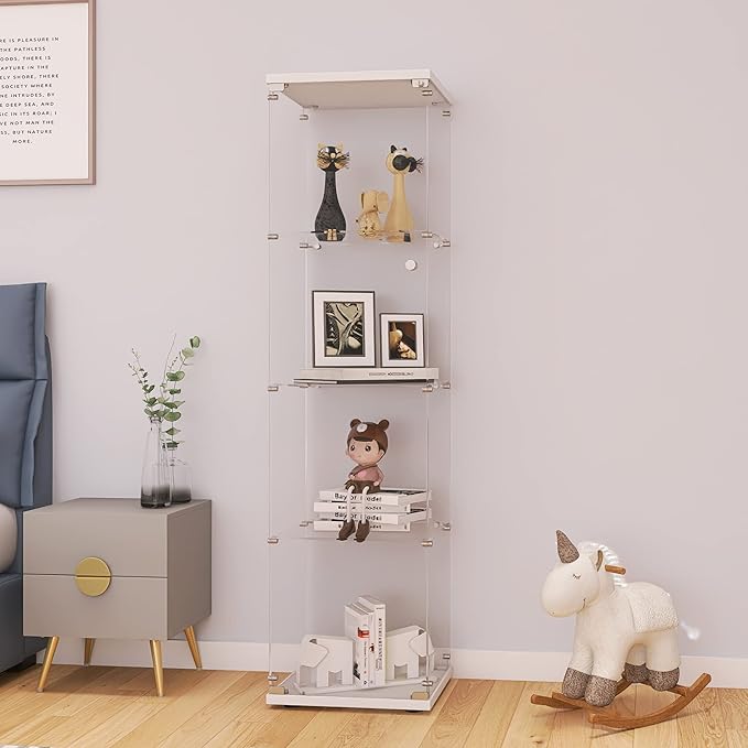 LFT HUIMEI2Y Glass Display Cabinet 4-Shelf with Door and Lock, Curio Cabinets Upgraded Quick-Install Style Tempered Glass Floor Standing Bookshelf for Bedroom, Living Room 65”x 17”x 14” White