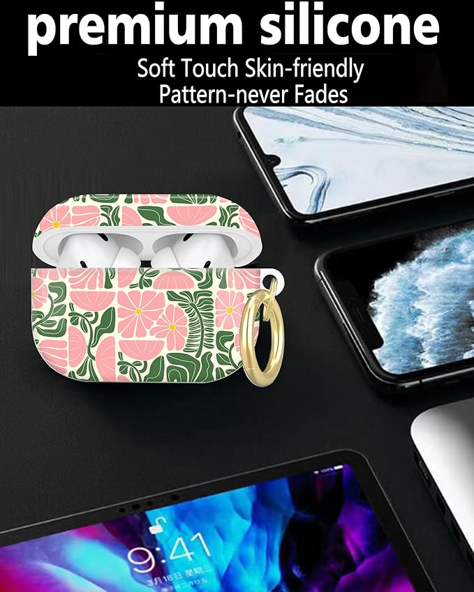 Compatible with AirPod Pro 2nd/1st Generation Case Cover with Key Chain,Full Protective Shockproof Wireless Headphone Case for Airpod Pro 2023/2022/2019(Abstract Geometric Floral)