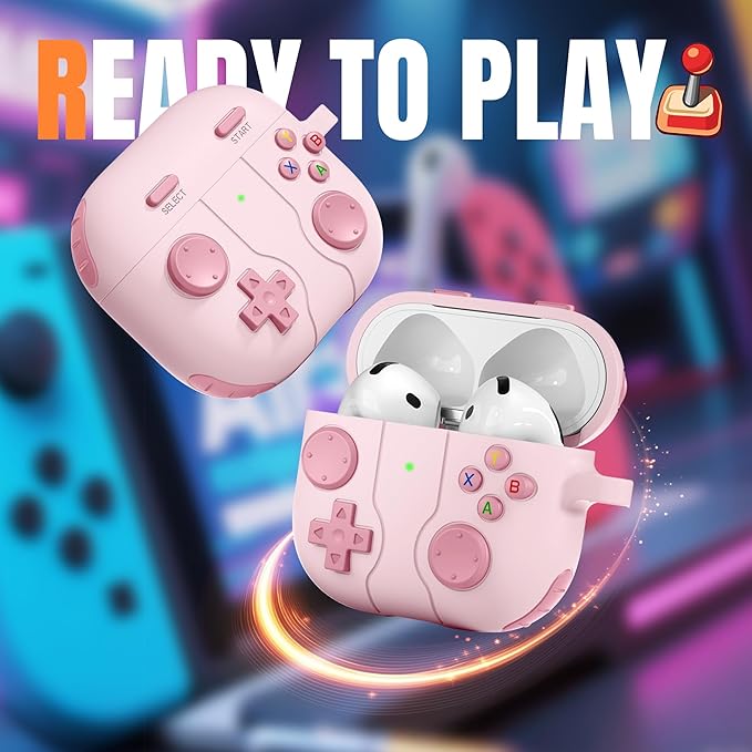 for AirPods 4 2024 Case Cover with Cleaner Kit, Keychain, Compatible with Apple Airpods 4 Case Cover, Cute Funny Game Console Shock-Proof Protective Silicone AirPod 4 Case Covers for Women Girl-Pink