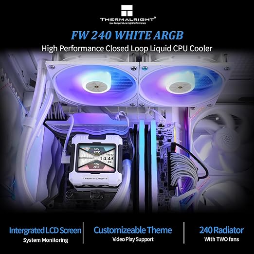 Thermalright FW240 White ARGB CPU Water Cooler with 2 PWM Fans with 2000RPM,IPS LCD Screen with 320 * 240 Resolution,Liquid CPU Cooler,CPU PC Aio Cooler for AMD:AM4/AM5/Intel LGA1700
