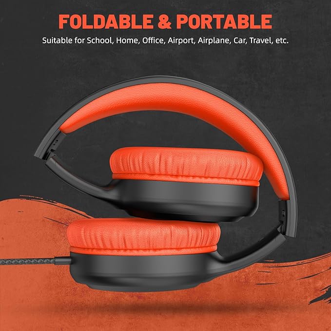 Orange Wired Headphones for Boys Portable On Ear Youth Headphones for School Airplane Travel Lightweight Portable Compatible with Pad Computer Laptop for Adults Student Children Girls Kids