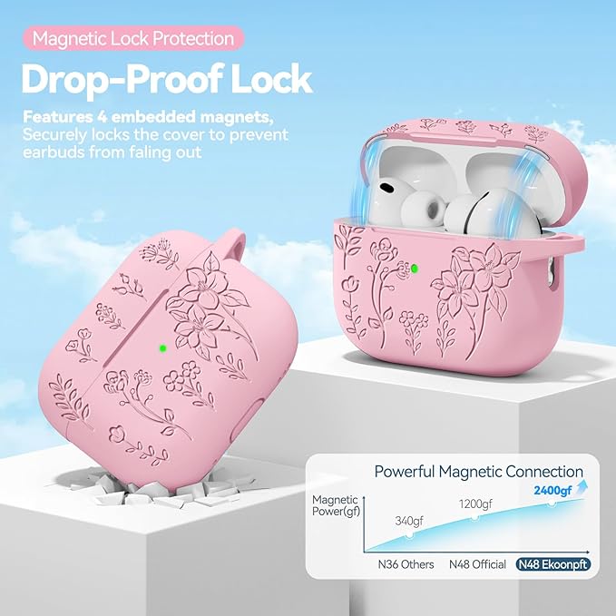 for Airpods Pro 3 Case with Magnetic Lid, Flower Engraved Case Cover Compatible with AirPods Pro 3rd Generation 2025, Soft Silicone Cases with Keychain & Cleaner for Women Girly, Shockproof