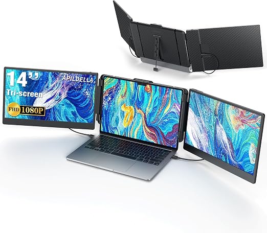 APILDELLA 14’’ Triple Laptop Screen Extender, 1080P FHD Portable Dual Monitor for Laptop USB C HDMI, Plug-Play Monitor Extender for Triple Display for Mac/Windows, Fit 13”-17.3” Laptops