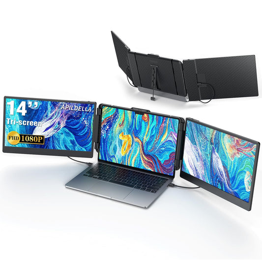 APILDELLA 14’’ Triple Laptop Screen Extender, 1080P FHD Portable Dual Monitor for Laptop USB C HDMI, Plug-Play Monitor Extender for Triple Display for Mac/Windows, Fit 13”-17.3” Laptops