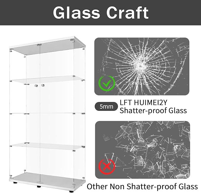 LFT HUIMEI2Y Glass Display Cabinet 4-Shelf with Double Door, Curio Cabinets Fast Installation in 30 Mins, Tempered Glass Floor Standing Bookshelf for Bedroom, Living Room 64.7”x 32”x 14.4” White