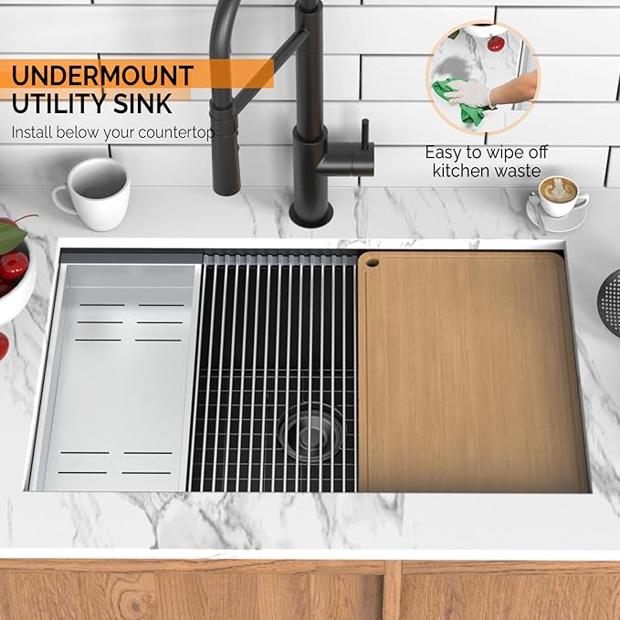 ROVSUN 30 Inch Stainless Steel Undermount, Kitchen Utility Sink, Workstation Deep Single Bowl, Integrated Ledge Multifunctional Workstation Sink Set,Black