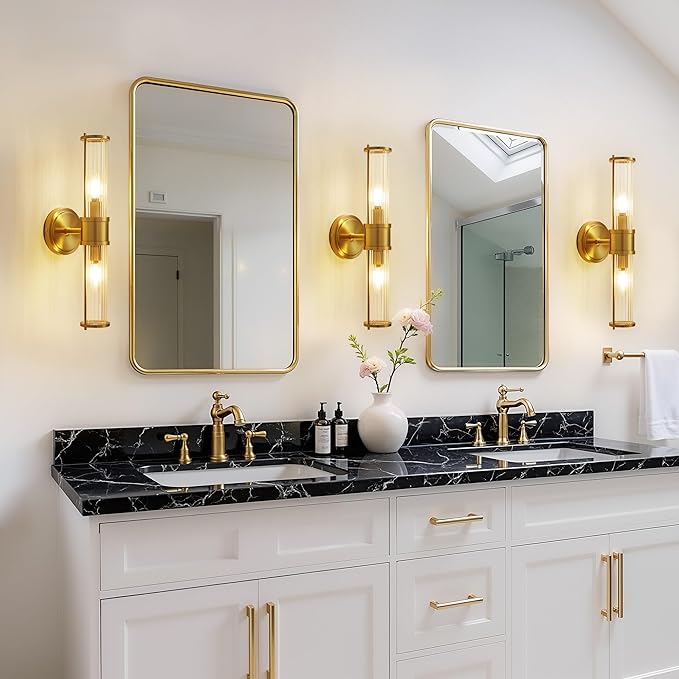 Gold Wall Sconces Set of Two - Modern Bathroom Sconce Indoor Industrial Wall Sconce Vanity Light Wall Light Up and Down Wall Mount Lamp for Bathroom Bedroom (Without Bulb)