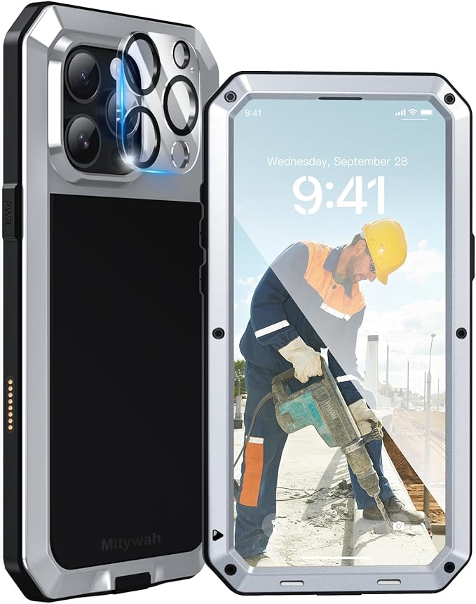 Mitywah Metal Case for iPhone 16 Pro Max, Rugged Phone Case with 9H Screen Protector Military Grade Full Body Protection Heavy Duty Dual Layer Screw Bumper Protective Case for 16 Pro Max Silver