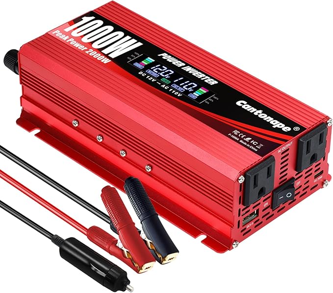 1000W Power Inverter DC 12V to 110V/120V AC Car Inverter with LCD Display, 2 AC Outlets, 3.0A USB and 20W Type-C Car Charger for Vehicles Home Laptop Truck