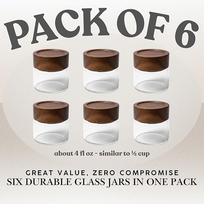 Wide Mouth Glass Storage Jars With 2.5" Acacia Wood Lids - 6 Pack of 4 Oz Food Storage Containers - Borosilicate Glass Canisters Sets For Kitchen - Pantry Organizers and Storage for Rice Coffee Beans