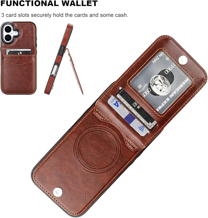 KIHUWEY for iPhone 17 Case Wallet Compatible with MagSafe Wireless Charging, Credit Card Holder, RFID Flip Leather Magnetic Clasp Kickstand Heavy Duty Protective Cover 6.3 Inch (Brown)
