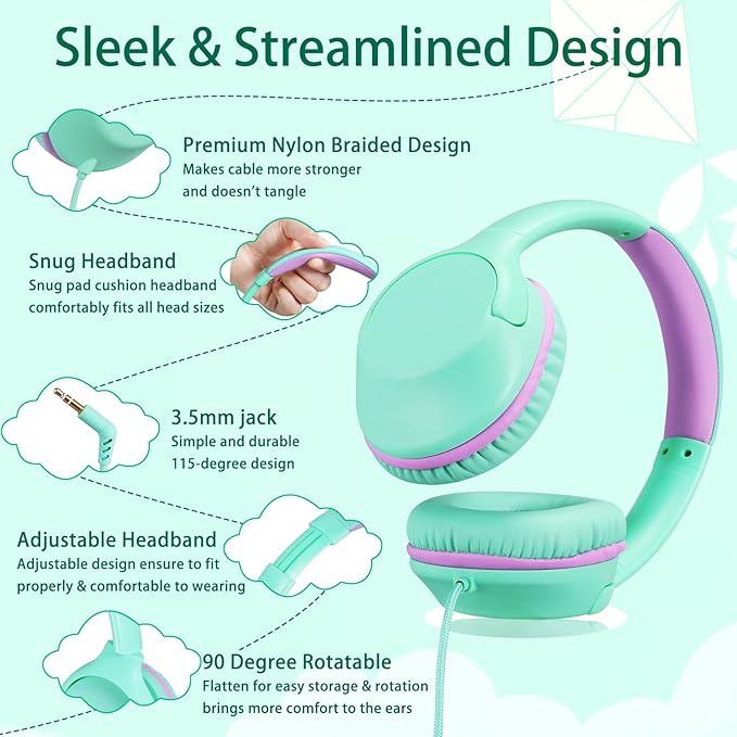 Kids Headphones Over-Ear Headphones for Kids/Teens/School with 94dB Volume Limited Adjustable Stereo 3.5MM Jack Wire Cord for Fire Tablets/Travel/PC/Phones(Mint Green)