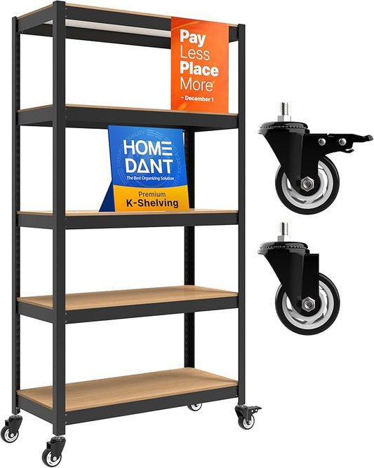 HOMEDANT House 5-Tier Metal Rolling Cart Shelf Rack Casters Heavy Duty Laminated Wheel Shelving Unit Adjustable Utility Storage Shelves Organizer Shelf Kitchen Garage 36.2" W x 16.5" D x 69.5" H 1Pack