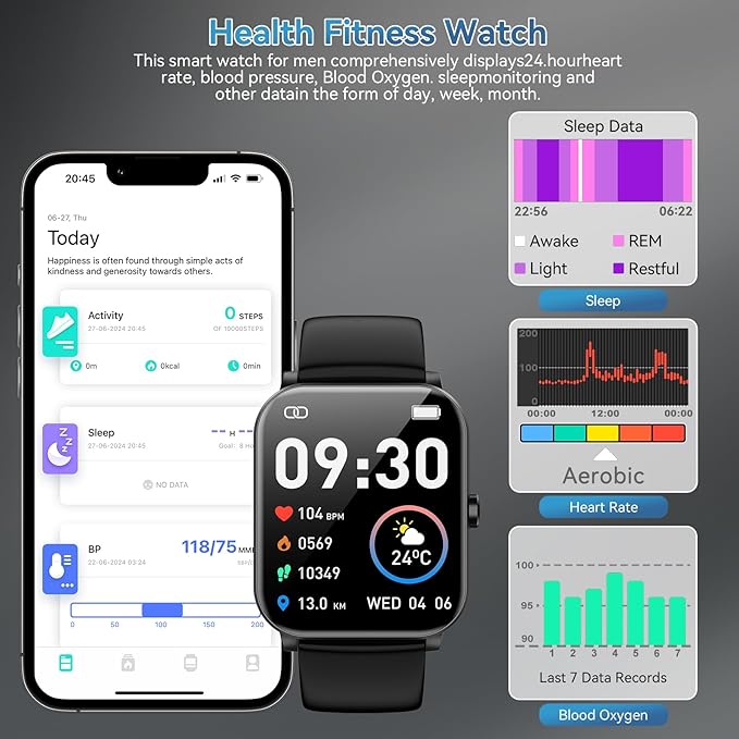 Smart Watch for Men Women, 120+ Sports Modes, Bluetooth Calls/Messages, 1.85" HD Touch Screen, IP68 Waterpro of Fitness Tracker with Heart Rate/Sleep Monitor, Compatible with Android/iOS (Black)