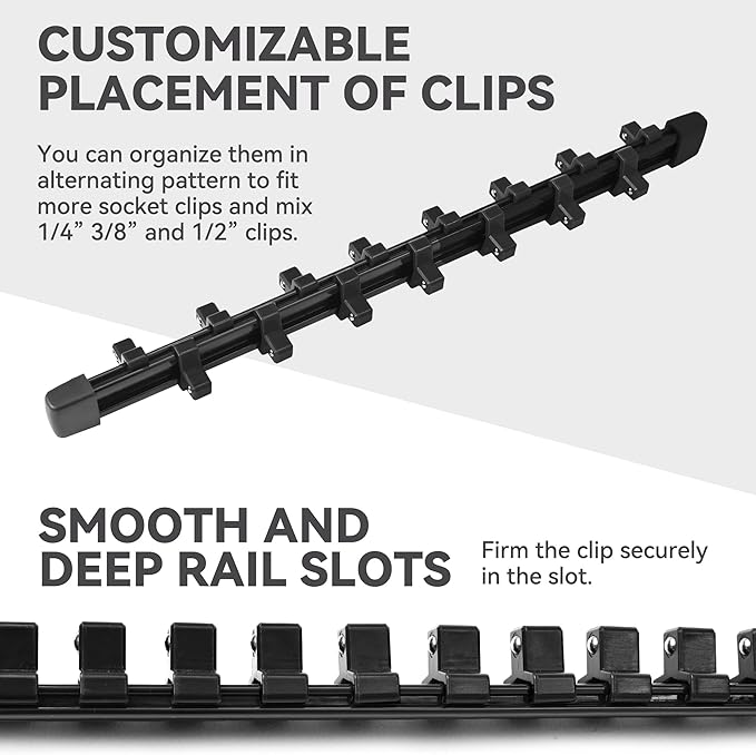 ALOANES 3PC ABS Socket Organizer, Socket Rails Fit 1/4 inch Drive, Heavy Duty Socket Holders Hold up to 48 Sockets, Black Rails with Black Clips