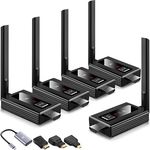 2026 Upgraded Wireless HDMI Transmitter and 4 receivers,Multi-TV Extender,5.8G/ 2.4G,165FT/50M,Plug and Play,HDMI Wireless Splitter transfers of Videos from Laptops/Camera to Multiple TVs/Monitors