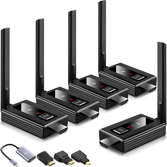 2026 Upgraded Wireless HDMI Transmitter and 4 receivers,Multi-TV Extender,5.8G/ 2.4G,165FT/50M,Plug and Play,HDMI Wireless Splitter transfers of Videos from Laptops/Camera to Multiple TVs/Monitors