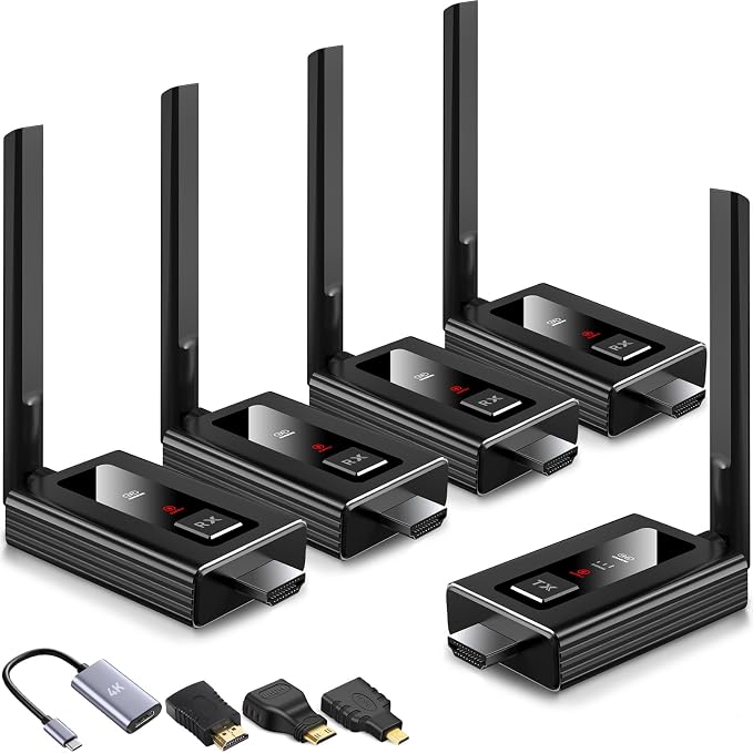 2026 Upgraded Wireless HDMI Transmitter and 4 receivers,Multi-TV Extender,5.8G/ 2.4G,165FT/50M,Plug and Play,HDMI Wireless Splitter transfers of Videos from Laptops/Camera to Multiple TVs/Monitors
