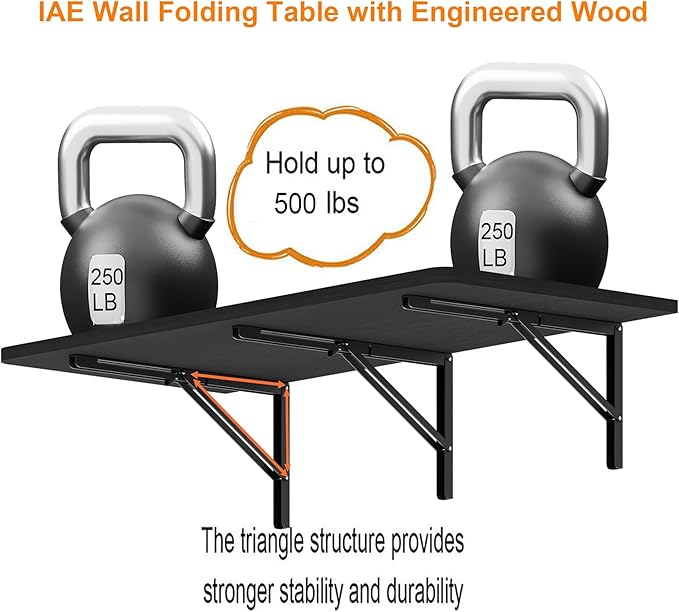 IAE 55" x 22" Floating Foldable Desk,Wall-Mounted Folding Computer Table with Engineered Wood,Study Table with Shelf Brackets,Fold Down Shelf,Fold Computer Desk for Small Spaces,Holds 500 lb,Black