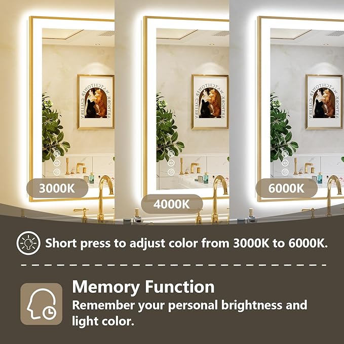 24x36 Inch LED Bathroom Mirror with Lights (Front Lit and Backlit) Gold Framed Lighted Vanity Mirror for Bathroom Wall Dimmable Anti-Fog Memory Tempered Glass Horizontal/Vertical