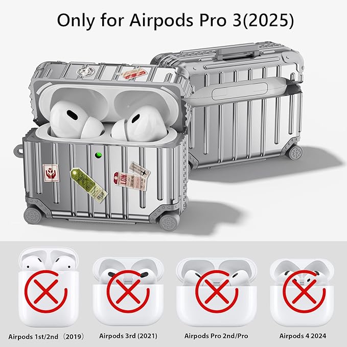 Filoto Compatible with AirPods Pro 3 Case, Cute Fashion Suitcase Design for AirPods Pro 3rd Generation Case Cover, Shockproof Protective Hard Case with Keychain/Cleaner Kit (Silver)