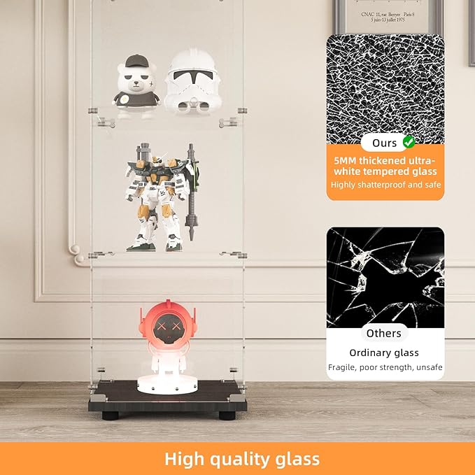 LFT HUIMEI2Y Glass Display Cabinet with LED Lights and Lock, 4-Shelf Curio Cabinets with Door, Tempered Glass Collection Display Showcase for Bedroom, Living Room 65”x 17”x 14.5” Black