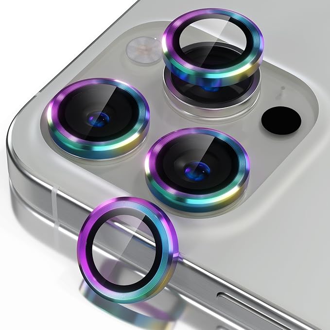 Misea Compatible for iPhone 16 Pro/iPhone 16 Pro Max Camera Lens Protector, Ultra-HD Tempered Glass Camera Cover Screen Protector Metal Individual Ring Protector Decoration Accessories, Colorful