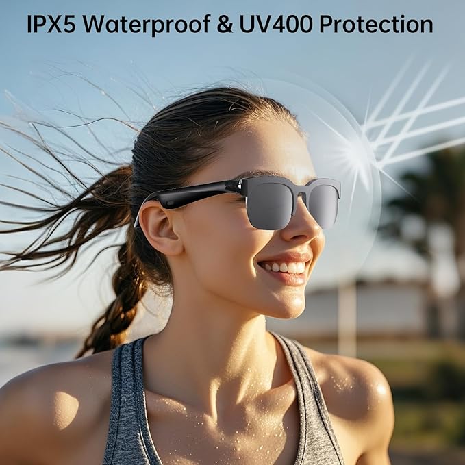 Smart Glasses with AI Translator, V6.0 Bluetooth Glasses with 150+ Translation, Smart Sunglasses for Men & Woman, Music Glasses with Long Battery Life, UV Protection, IPX5 Waterproof, Hands-Free Calls