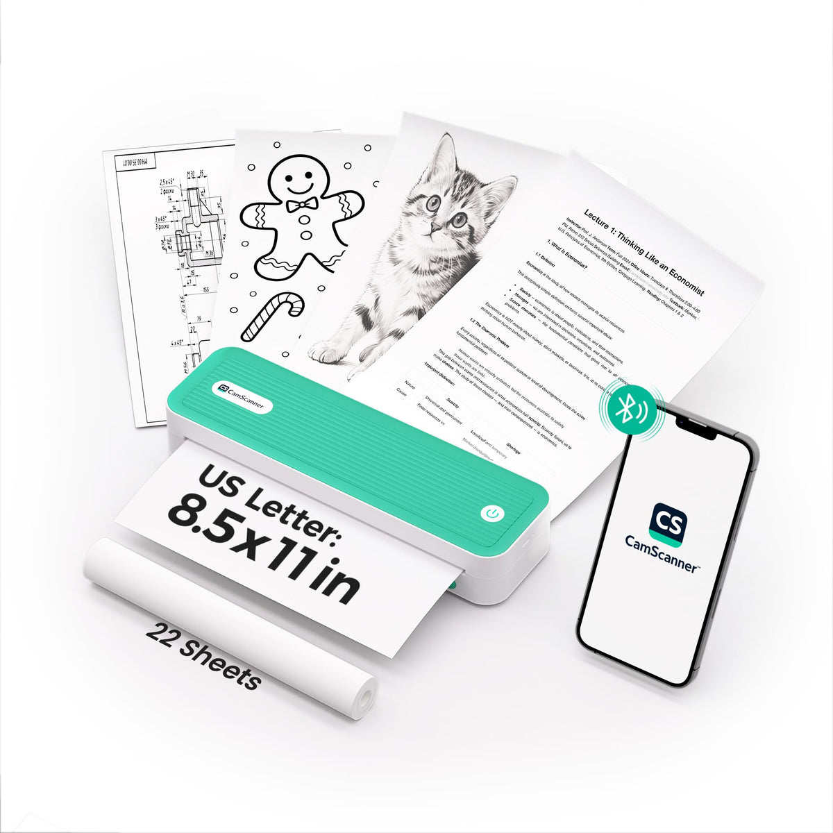 P1 Portable Inkless Printer, 203 DPI Wireless Thermal Printing for iPhone Android Laptop PC, Print US Letter Documents Receipts Anywhere, for Travel Remote Work Home Office School, Green