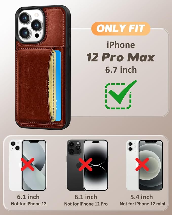 for iPhone 12 Pro Max Case with Wallet - Fits 4 Card Slots, Compatible with MagSafe for Women Men Durable PU Leather Credit Card Holder Kickstand Phone Cover for Apple 12 Promax, Brown