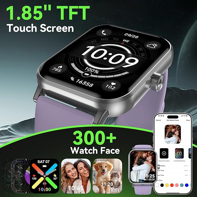 Smart Watch, 1.85" HD Fitness Tracker with Bluetooth Calls, 5 ATM Waterproof, 24/7 Heart Rate/Sleep Monitor, Pedometer, Calories, 130+ Sport Modes, Smartwatch for iOS Android (Purple)