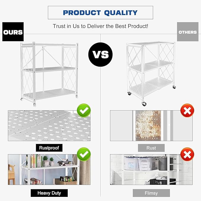 3-Tier Foldable Storage Shelf with Wheels | Metal Rack Collapsible Shelving Display | Rolling Cart for Books Kitchen Storage Shelves | Pantry & Closet Organizer | Office Room Decor