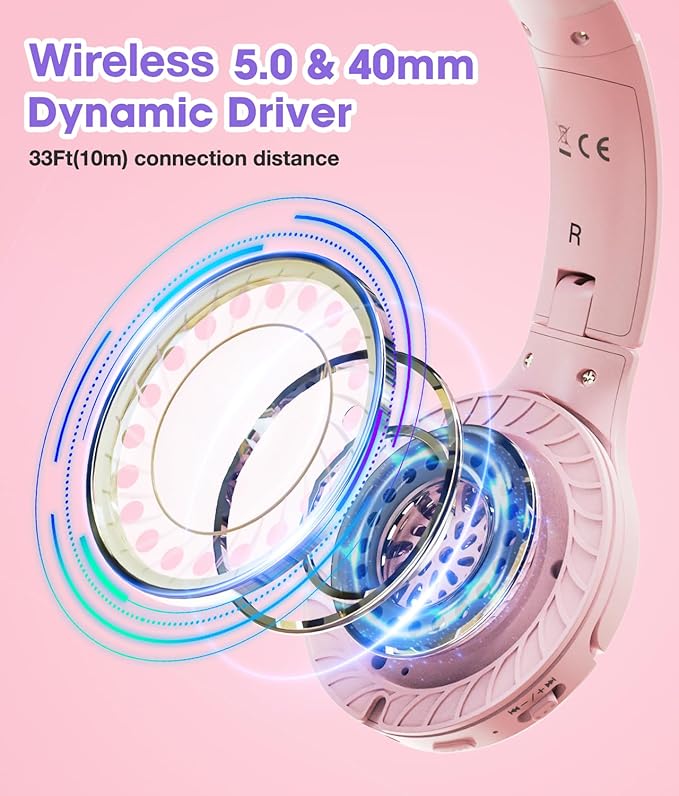 Kids Headphones Bluetooth 60H, Foldable On Ear Headphone with MIC, Volume Limiter 85dB/94dB Wireless & Wired Headphones, Over-Ear Headphone for Kid Adult School Online Class Travel, Pink