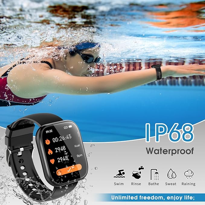 aycy Smart Watch for Men Women Bluetooth Call, 1.85" HD Touch Screen Fitness Watch with Sleep Heart Rate Monitor, 112+ Sports Modes, IP68 Waterproof Activity Trackers for Android iOS, Black