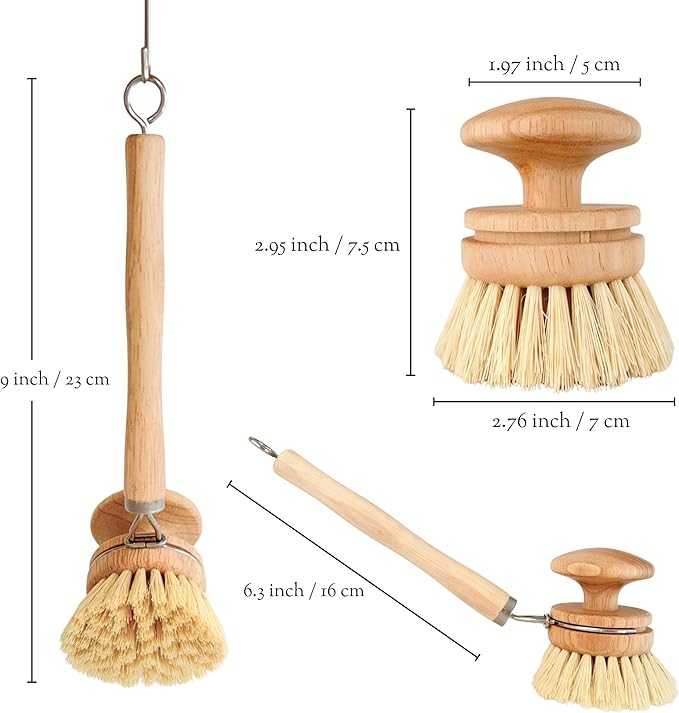 Dish Brush with Handle | 2-in-1 Natural Wooden Brush Set with Detachable Long & Short Handle | Vegetable Brush with Horsehair & Sisal Bristles for Dishes, Pots, and Kitchen Cleaning
