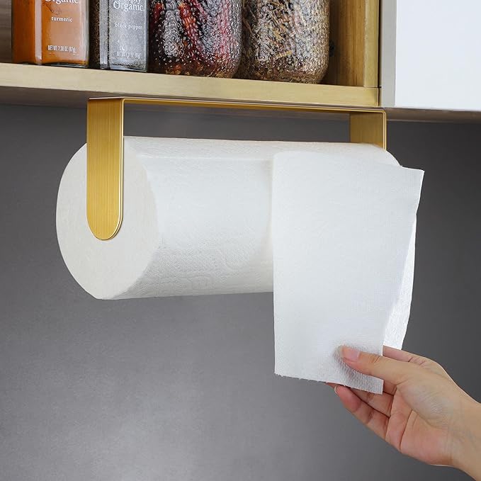 YIGII Adhesive Paper Towel Holder Under Cabinet - Single Hand Operable Paper Towel Rack Stick on Counter for Kitchen, SUS-304 Stainless Steel (Brushed Gold)