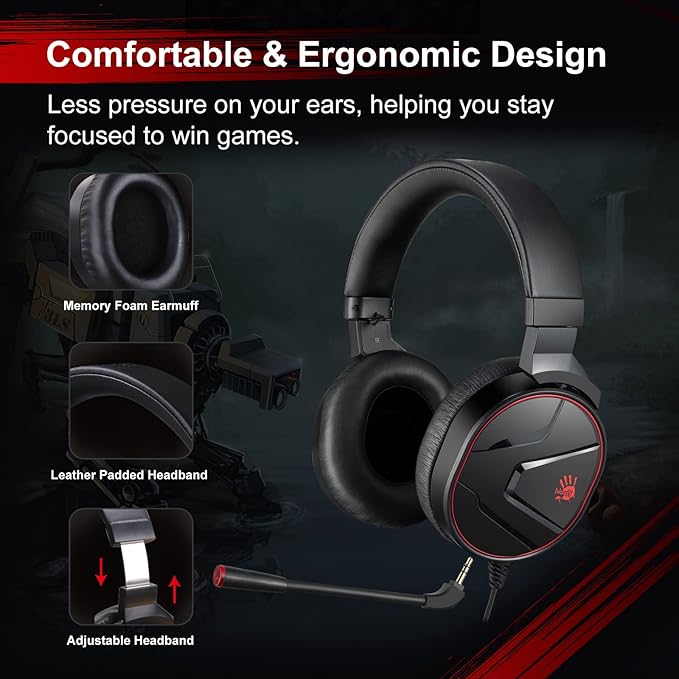 Bloody G600i Wired Gaming Headset with Microphone, 7.1 Virtual Surround Sound, Detachable Noise Canceling Mic, Memory Foam Earpads, Over-Ear Headphone for Xbox, PS4/5, Switch (Black)