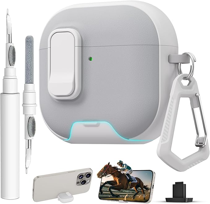 for AirPods 4 Case with Lock,TPU Leather Texture Protective Durability Anti-Lost & Shockproof Protective Cover Accessories with Cleaning Kit in Keychain for Apple AirPods 4 Generation (White/Grey)
